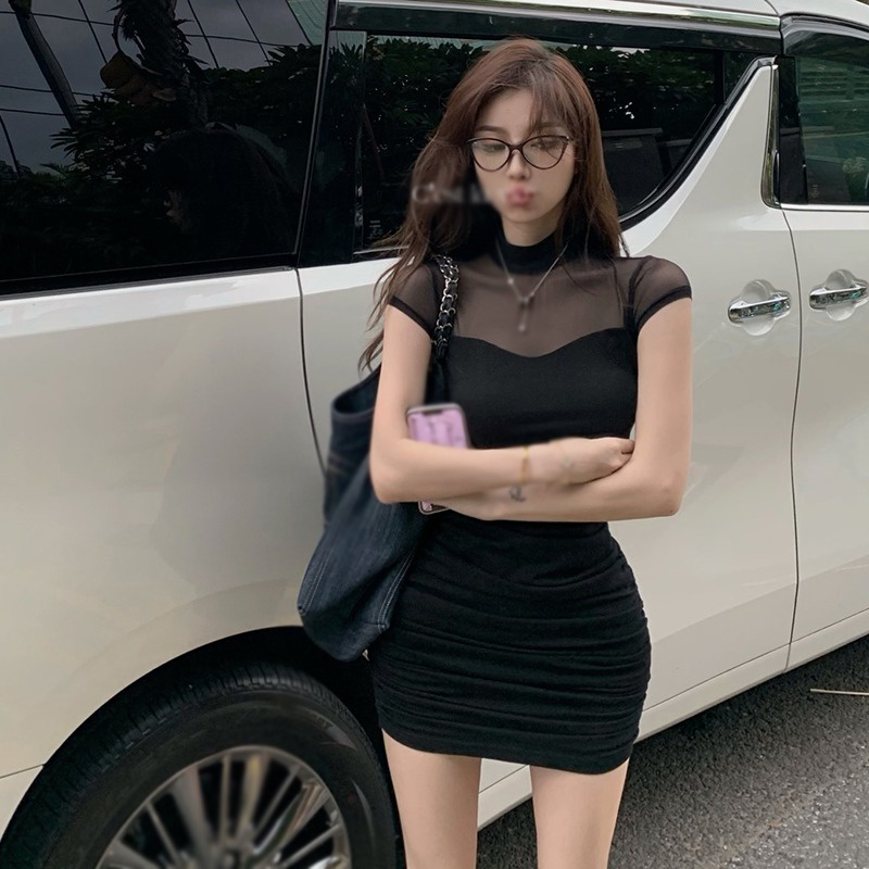 Đầm Tay Ngắn Cổ Lọ Phối Lưới Màu Trơn Thời Trang Hàn Quốc Xinh Xắn Cho Nữ