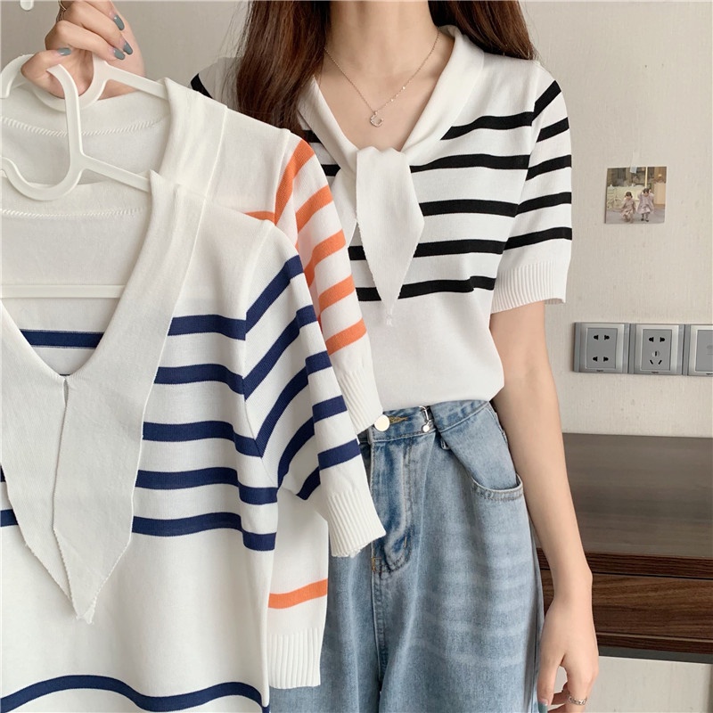 Áo Thun Dệt Kim Ngắn Tay Họa Tiết Kẻ Sọc Cổ Thủy Thủ Thời Trang Mùa Hè Mới Phong Cách Hàn Quốc Cho Nữ
