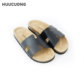 [Miễn Phí Ship]  Dép Huucuong chữ H da PU đen đế trấu [SP2214]