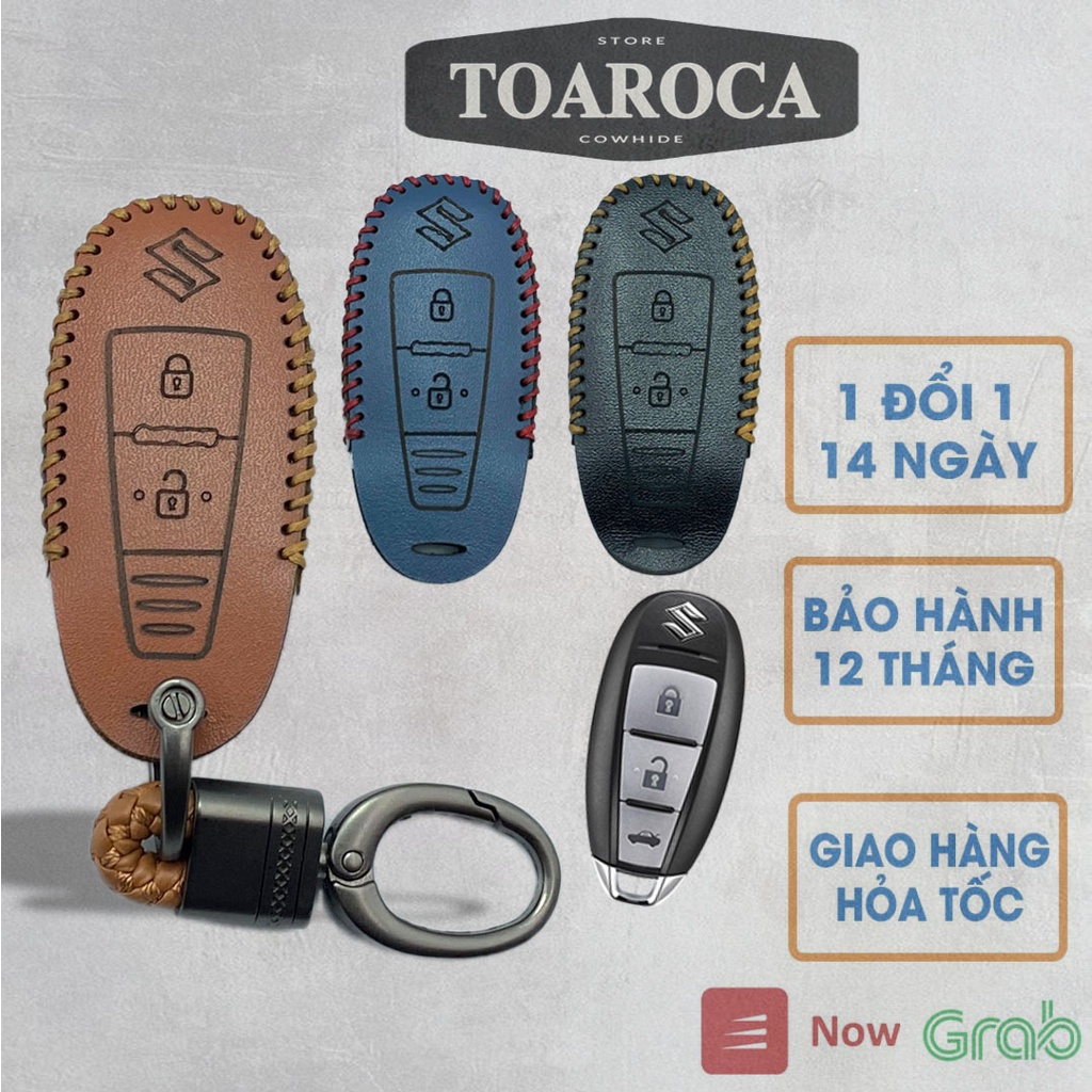 Bao da chìa khoá smartkey ô tô Suzuki Ertiga 2018,Swift, Ciaz,Vitara loại nút nhọn 2 nút handmade da bò thật Toaroca