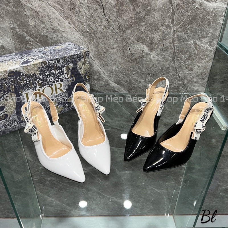 Sandal cd đen nơ quai sau gót nhọn cao fullbox