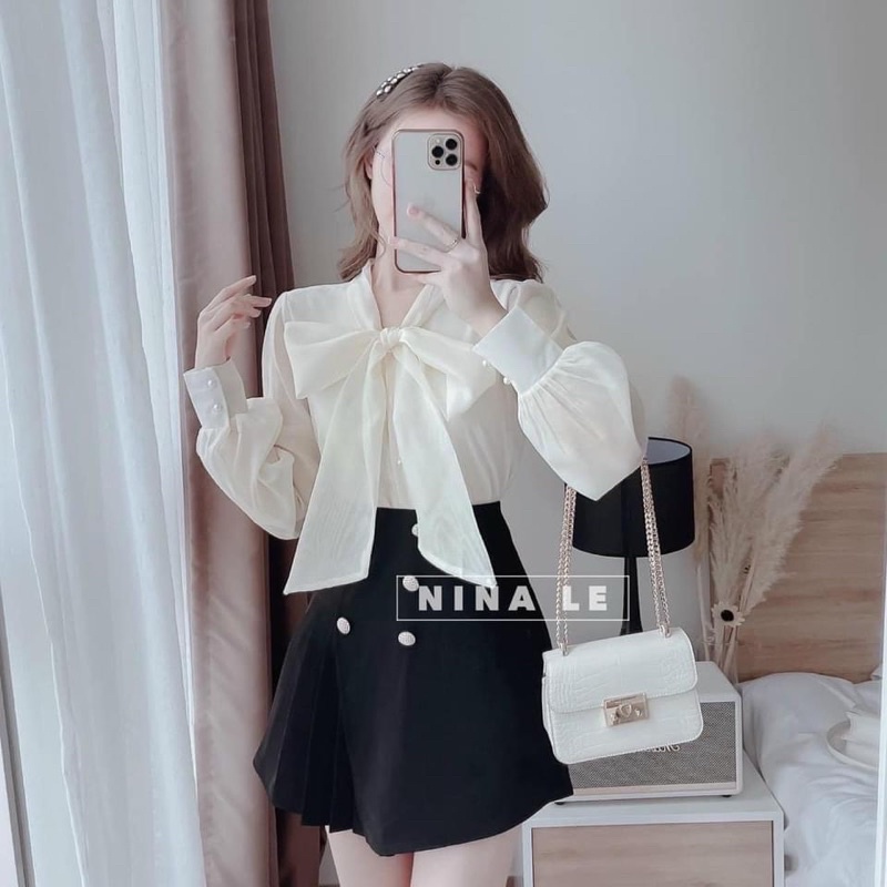 Áo sơ mi voan dài tay thắt nơ cúc ngọc - Áo sơ mi thiết kế sang chảnh hai màu trắng be
