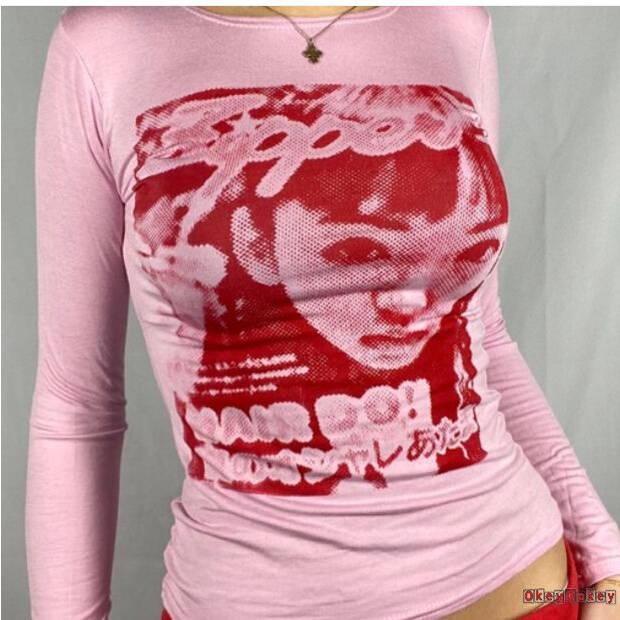 Áo thun tay dài cổ tròn in hình mặt người cá tính