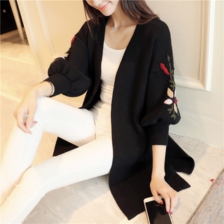 Áo Khoác Cardigan Dệt Kim Tay Phồng Dáng Rộng Thêu Họa Tiết Xinh Xắn Cho Nữ