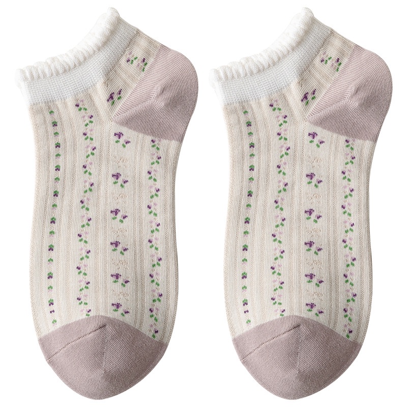 Tất cotton nguyên chất WAFNHA D450 họa tiết hoa tím mới thời trang cho nữ