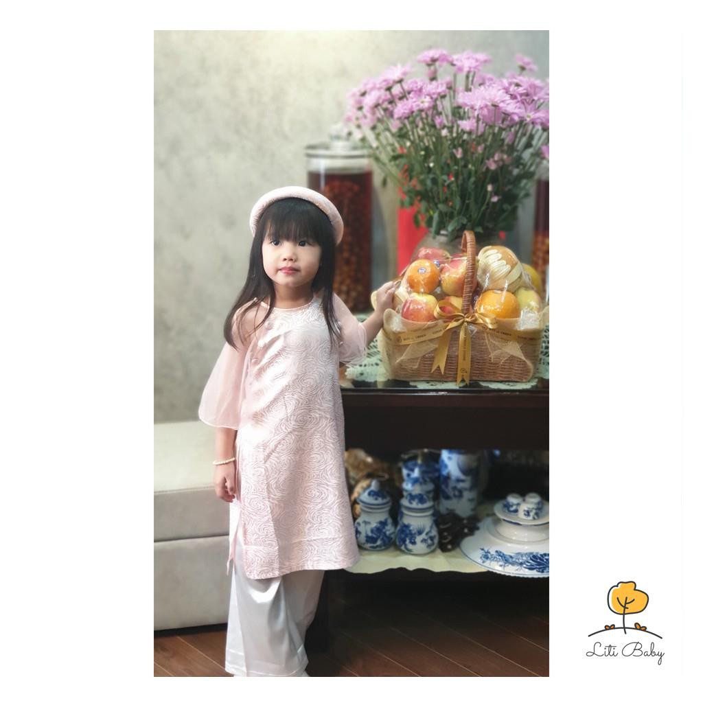 Áo dài Tết bé gái. Hàng thiết kế thương hiệu Litibaby,  chất liệu lụa mềm mịn, nhẹ nhàng, size 1-10 cho bé 10-30kg.