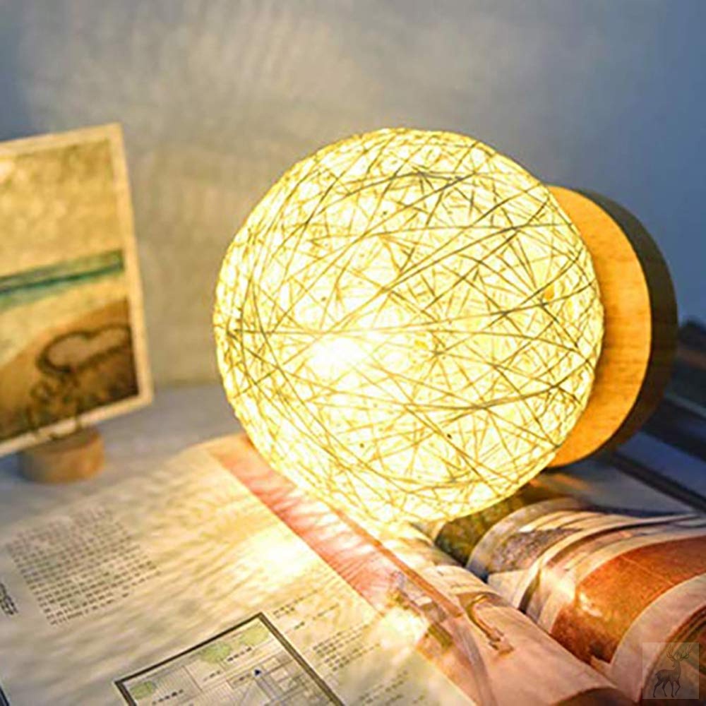 3W USB Moon Table Lamp Dimmable Hand-Knit Lampshade Wood Moon Lamp Bedroom Home Wedding Decoration Moonlight Beside Night Light