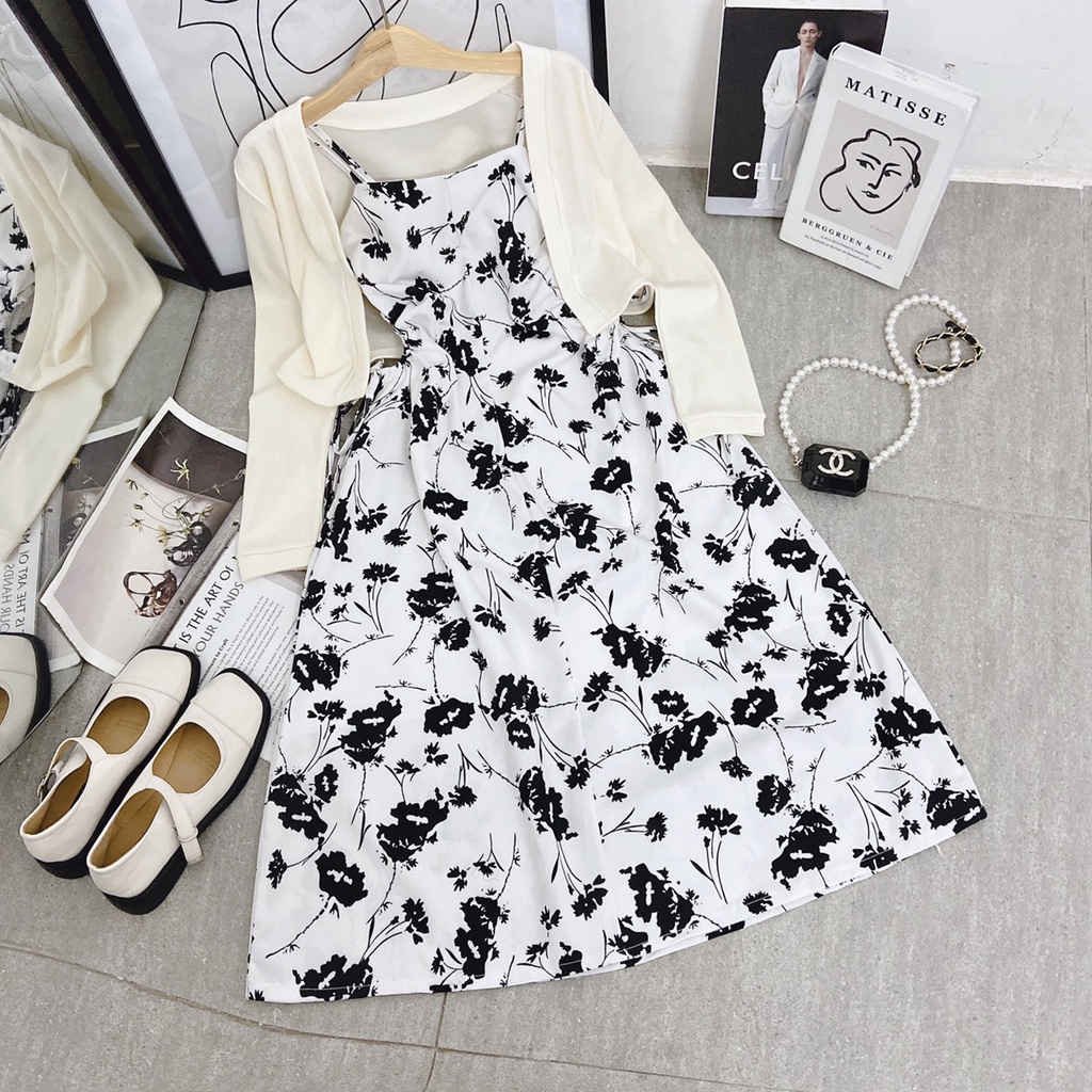 Set đầm midi hoa đen kèm khoác Rossy Fashion - SR195