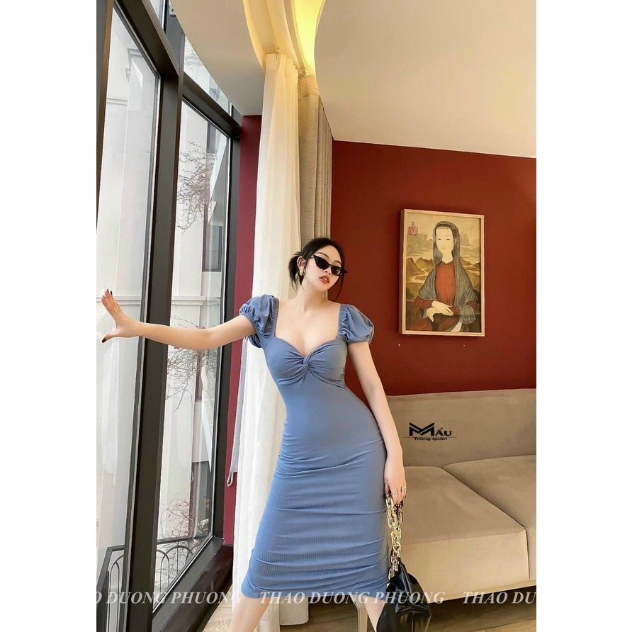 đầm body tay bồng xoắn ngực chất thun gân dày dặn tôn dáng cực xinh m34