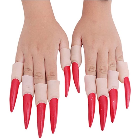 Bộ 10 Móng Tay Giả Hóa Trang halloween Hình Vuốt Ma Cà Rồng Màu Đỏ Đen