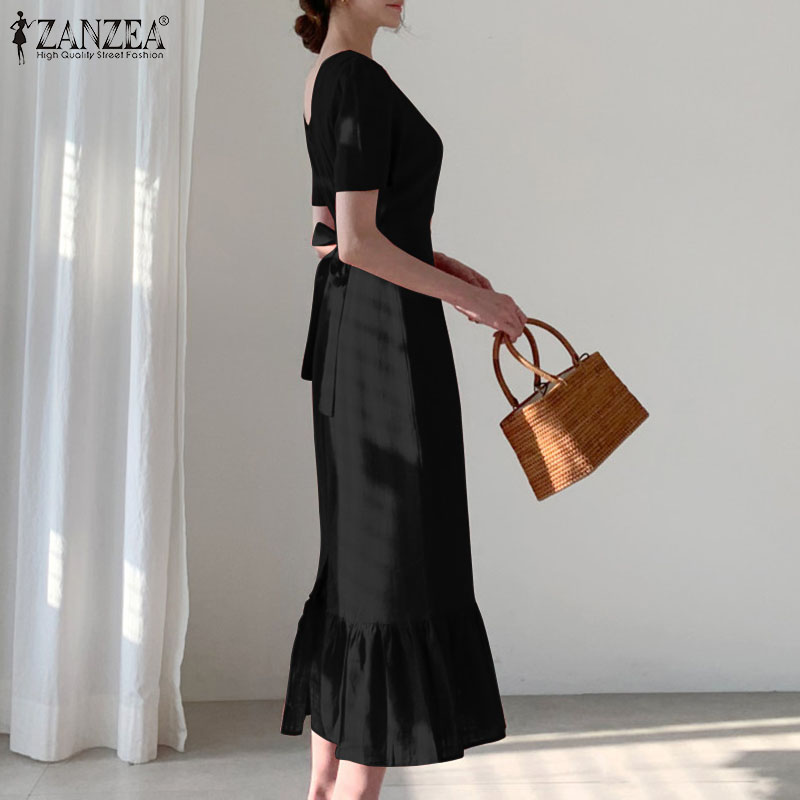 Đầm ZANZEA Ngắn Tay Cổ Vuông Ôm Dáng Phối Bèo Thanh Lịch Cho Nữ