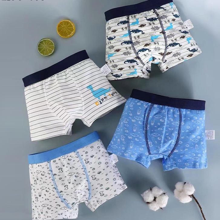 Set 4 Quần Lót Boxer Cotton In Họa Tiết Khủng Long Hoạt Hình Thoải Mái Cho Bé Trai 1-13 Tuổi