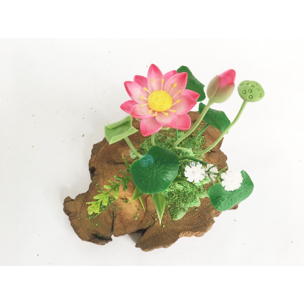 Hoa đất sét mini Hoa hồng - Hoa sen handmade kết hợp khoanh gỗ tự nhiên vintage