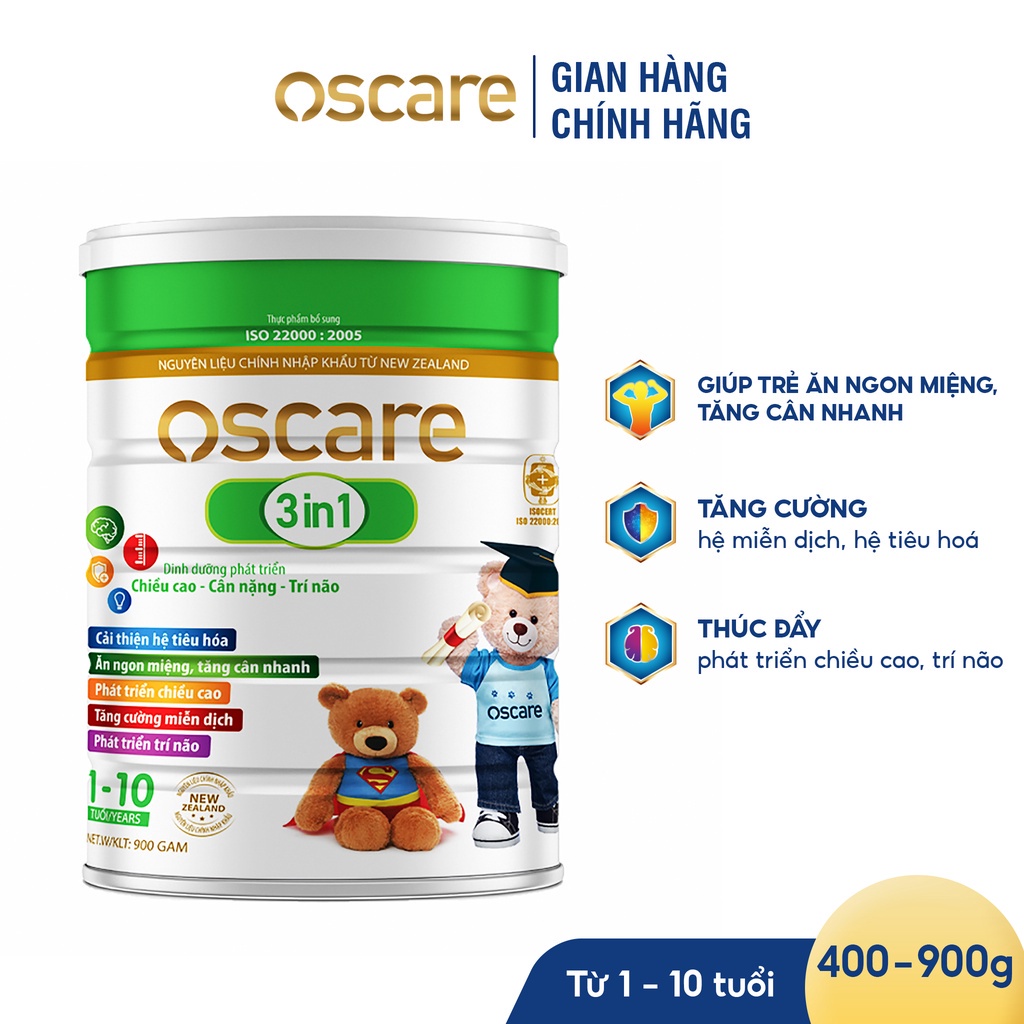 Sữa Bột Cho Bé Phát Triển Chiều Cao, Cân Nặng Và Trí Thông Minh OSCARE 3 Trong 1 IQ Hộp 400-900g