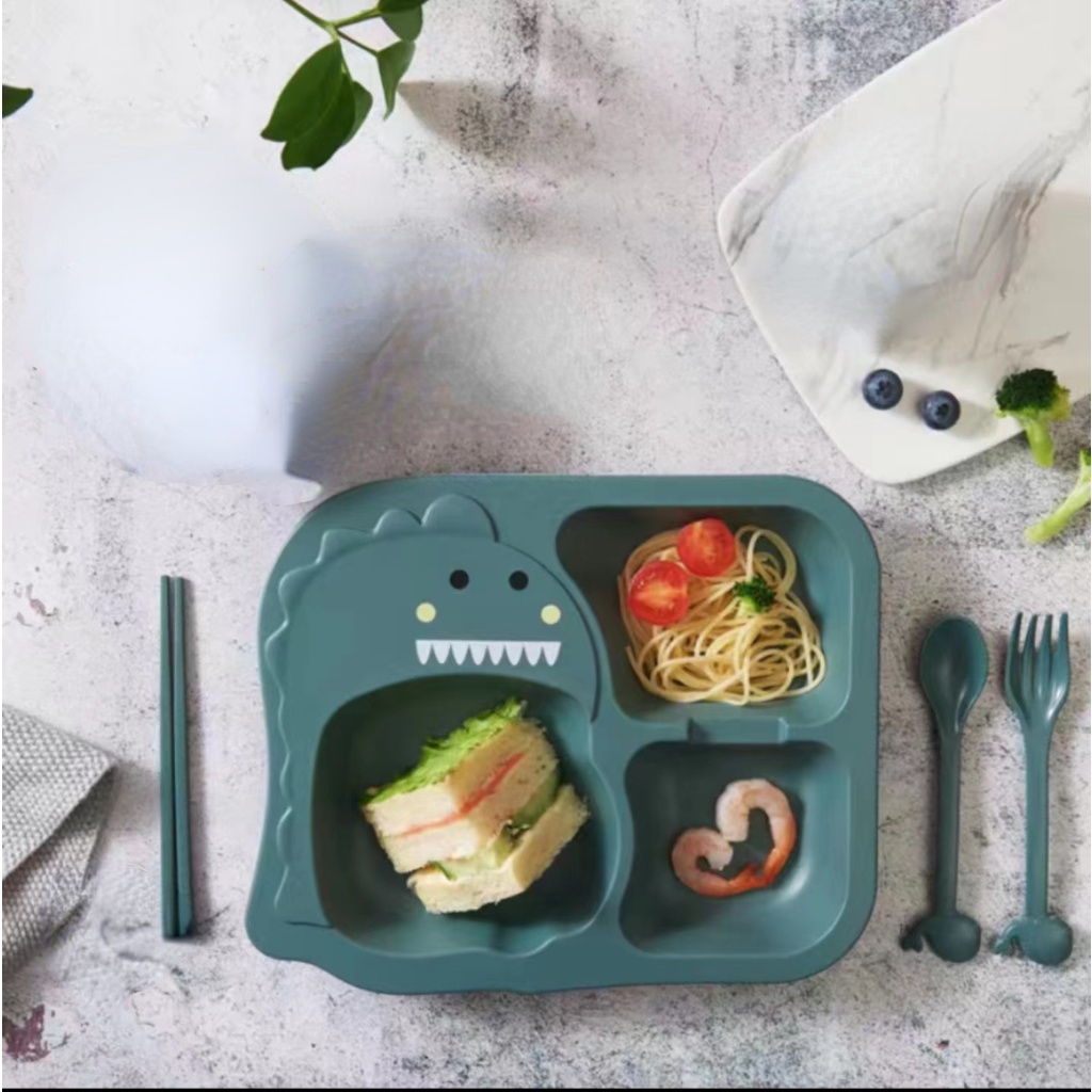 Bộ 4 Món Chén Muỗng Nĩa Đũa Hình Khủng Long Hoạt Hình Chống Rơi Cho Bé