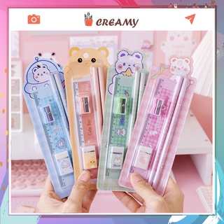 Set Bút chì gỗ quà tặng kèm tẩy gọt bút chì thước kẻ giá rẻ in hình dễ thương CREAMY
