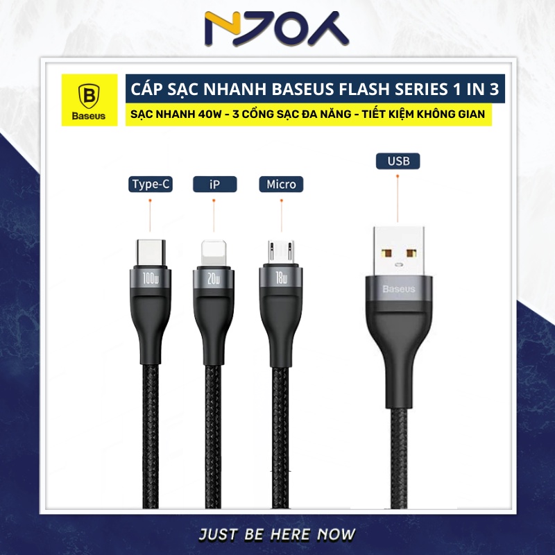 Cáp Sạc Nhanh 3 Đầu BASEUS Flash Series 3 In 1 Usb To Type C Micro Sạc Nhanh 5V 40W Njoyshop