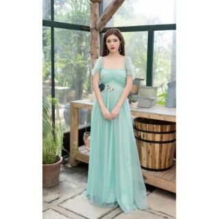 (free chỉnh sửa váy) Đầm rớt vai xanh pastel