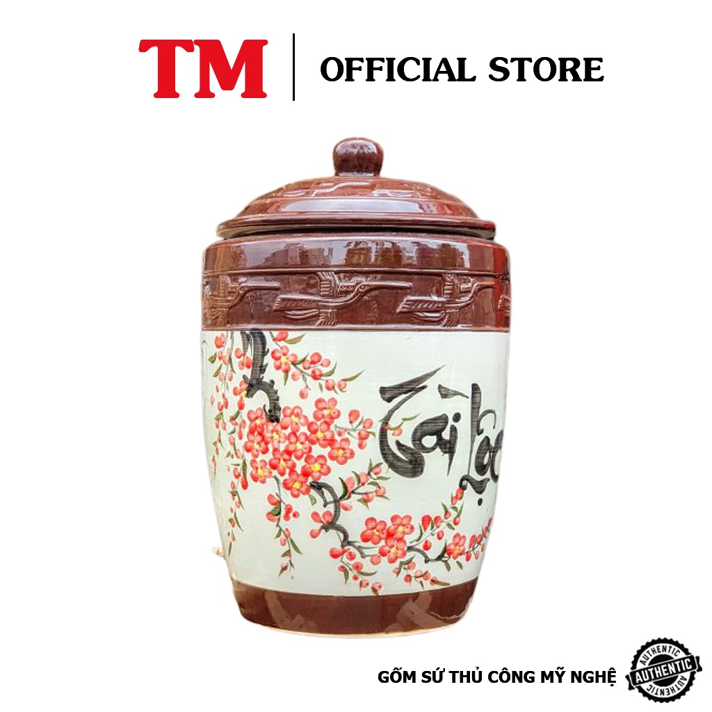 Hũ sành đựng gạo, đựng nước tráng men chữ tài lộc hình con hạc Xưởng Gốm TM Bát Tràng 15kg