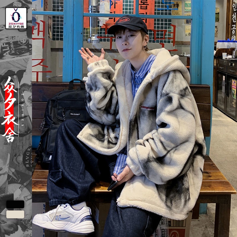 Áo khoác cotton phối len lông cừu dày dặn dáng rộng phong cách hiphop Hàn Quốc thời trang thu đông cho nam