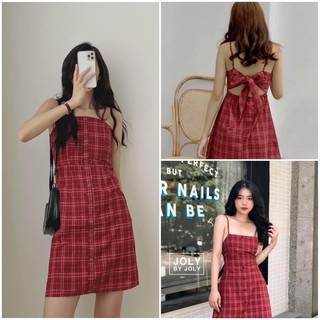 VÁY 2 DÂY ĐỎ CARO NƠ LƯNG ULZZANG