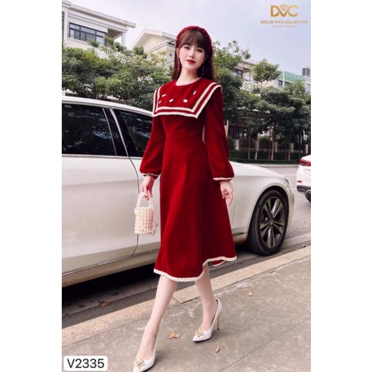 Váy đỏ nhung yếm đính nơ viền ren cho nữ