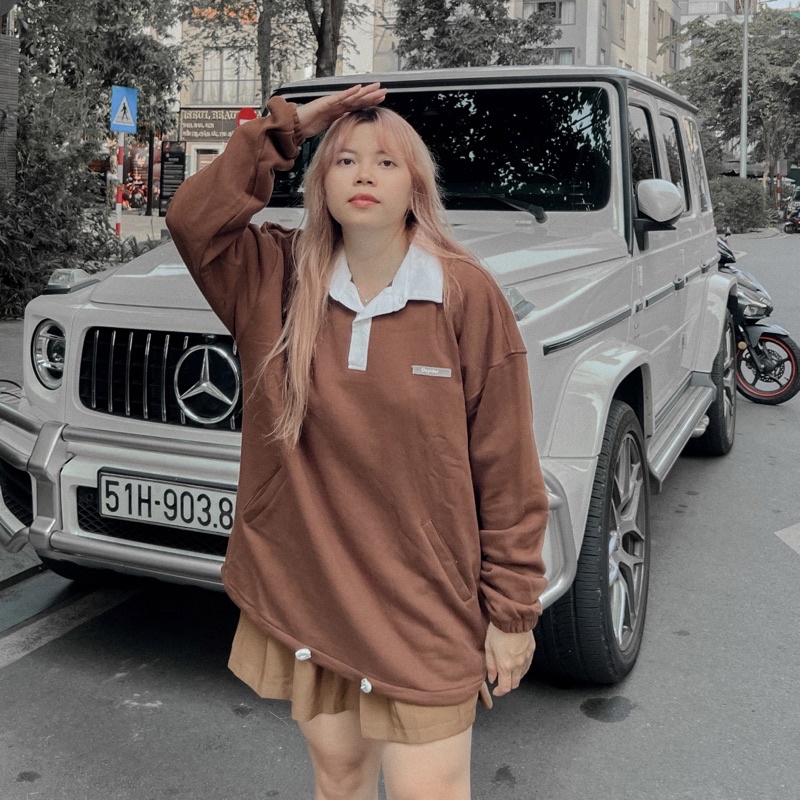 Áo Sweater Polo OZY màu XANH Phối Cổ Trắng Form Rộng Ulzzang Unisex  Nam nữ unisex