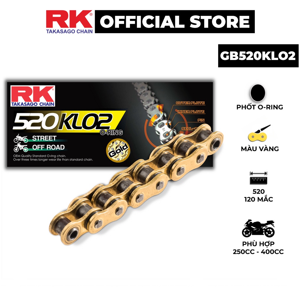 Sên xe phân khối lớn RK Takasago Chain mã GB-520-KLO2, màu vàng, phốt cao su O-ring, kích thước 520, 120 mắc sên