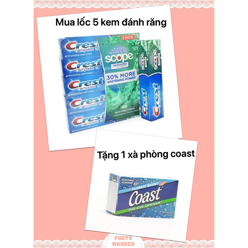[ TẶNG 1 CỤC XÀ PHÒNG COAST ] Lốc 5 Cây Kem đánh răng Crest Complete Extra Scope Whitening Plus Scope 232g