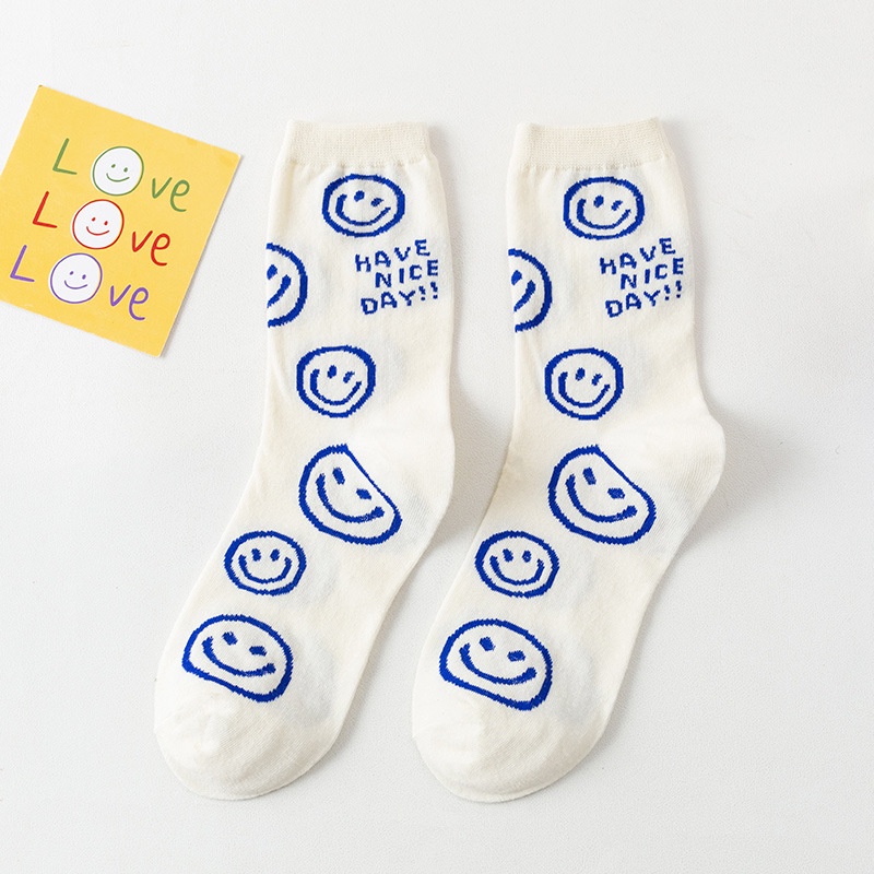 WAFNHA D191 Vớ Nữ Cổ Cao In Hình Mặt Cười Dễ Thương