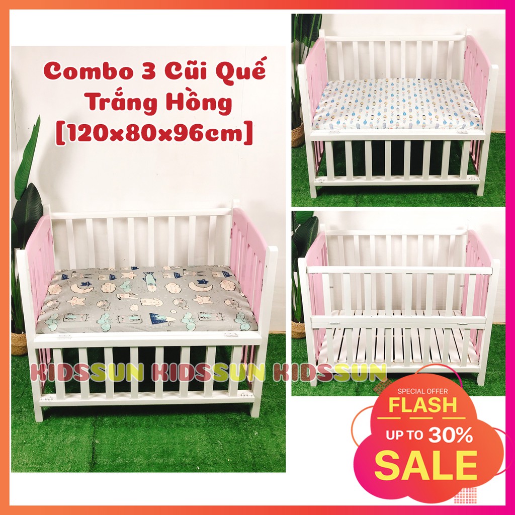 [Combo 3] Cũi Trẻ Em Giường Cũi Gỗ Quế Trắng Hồng Kích Thước [120x80x96cm] Kèm Bánh Xe Bảo Hành 24 Tháng Hàng Xuất Khẩu