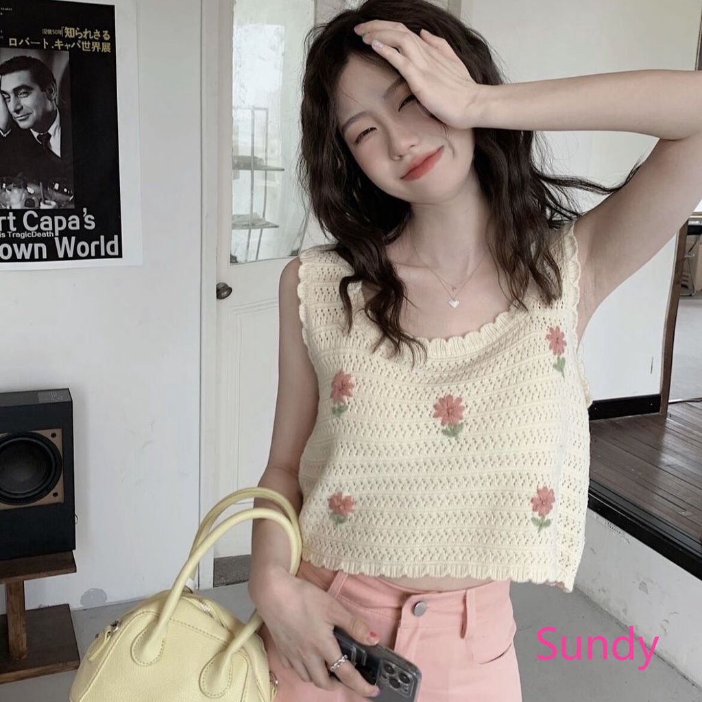 Áo Hai Dây Dệt Kim Thêu Họa Tiết Ngọt Ngào Thời Trang Mùa Hè