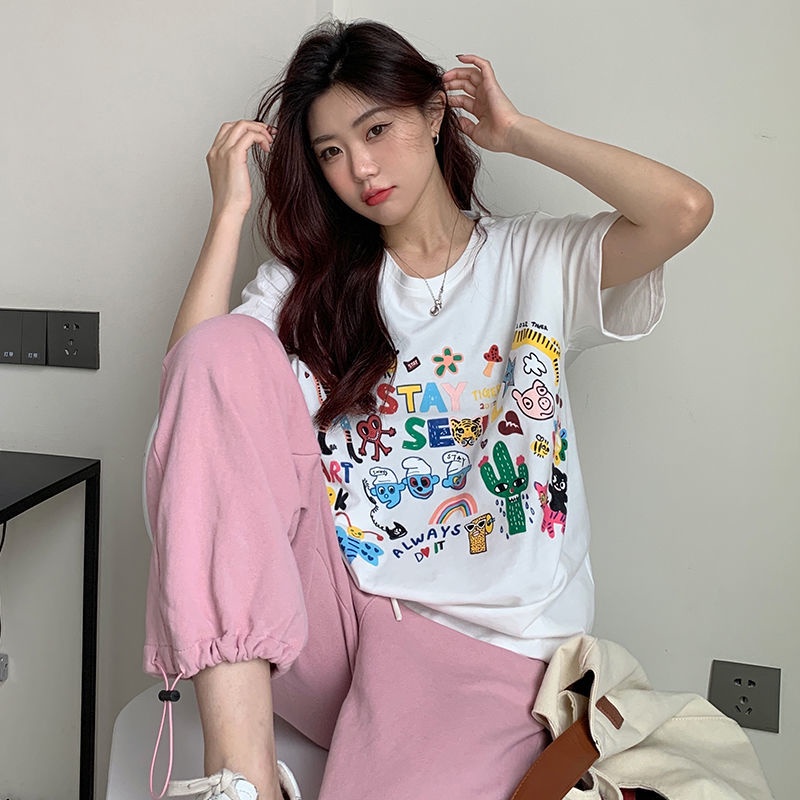 Áo Thun Ngắn Tay In Họa Tiết Hoạt Hình Xinh Xắn Dành Cho Nữ