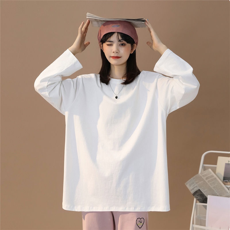 Áo Thun 100% Cotton Tay Dài Dáng Rộng Màu Trơn Phong Cách Thời Trang Hàn Quốc 2022