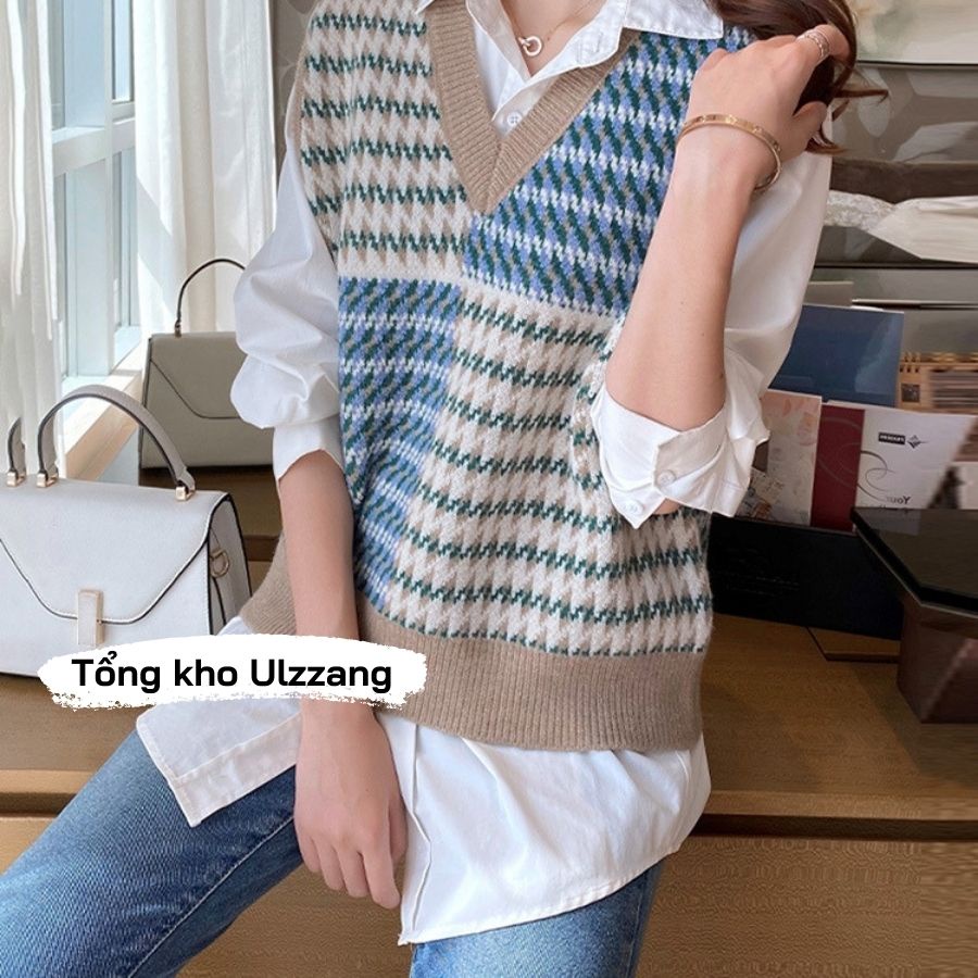 Áo Gile Len Cổ V Chất Dày Dặn Nhiều Màu Vintage Phong Cách Hàn Quốc