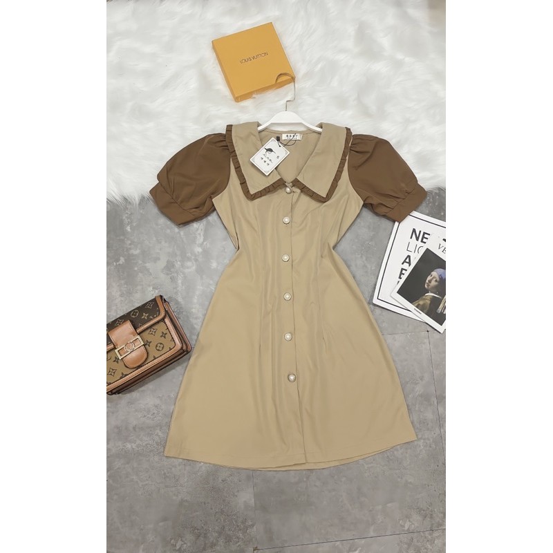 VNU248 - VÁY DÁNG A KAKI BE TAY NÂU CỔ VIỀN BÈO | BigBuy360 - bigbuy360.vn