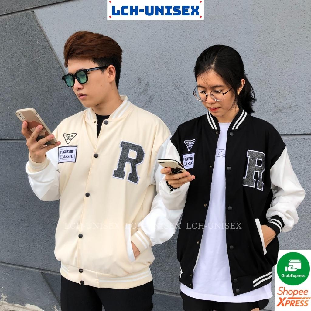 Áo khoác bomber varsity unisex form rộng thêu R chất da lộn mềm mịn jacket bóng chày 2 lớp nam nữ LCH