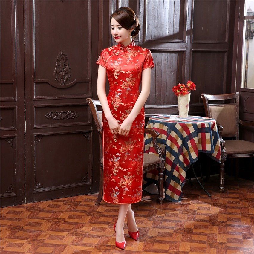 Chinese Traditional Qipao Cheongsam Dress Dragon Phenix Long Cheongsam Dresses