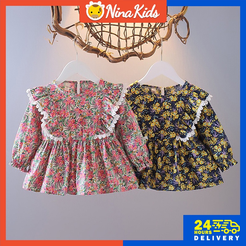 Đầm Tay Dài In Hoa Cho Bé Gái 0-5 Tuổi