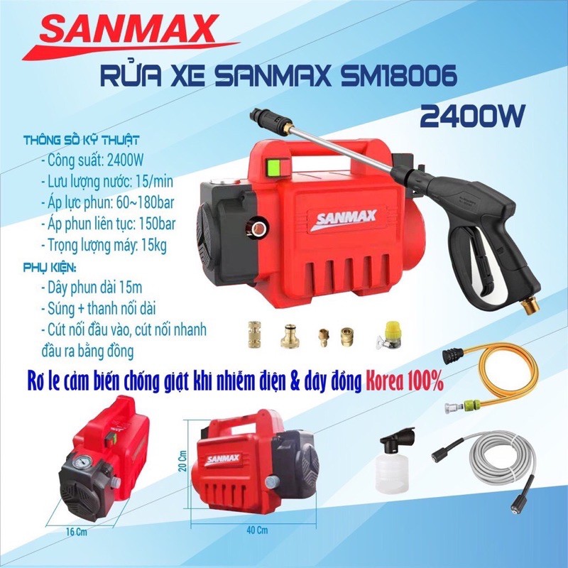 Máy Rửa Xe Chính Hãng SANMAX SM18006 Công Suất 2400W Bảo Hành Lỗi 1 Đổi 1 Trong Vòng 18 Tháng.