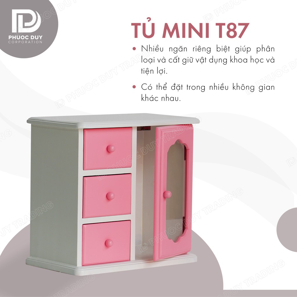 Tủ mini để bàn đa năng - Tủ nữ trang - mỹ phẩm T87 - Gỗ thông tự nhiên - BH 24 tháng
