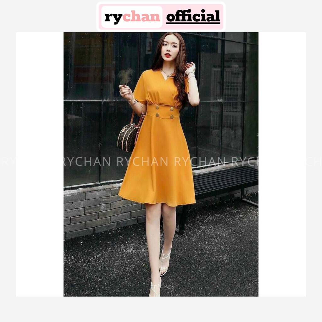 Đầm Xòe Đắp Ngực Chiết Eo Đính Nút 4 Màu [Ảnh Thật Cuối] - DX0080