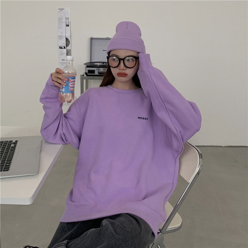 Xin LAN YA SHE Áo Sweater Tay Dài Dáng Rộng In Chữ Đơn Giản Màu Kẹo Phiên Bản Hàn Quốc Cho Nữ Có Size Lớn
