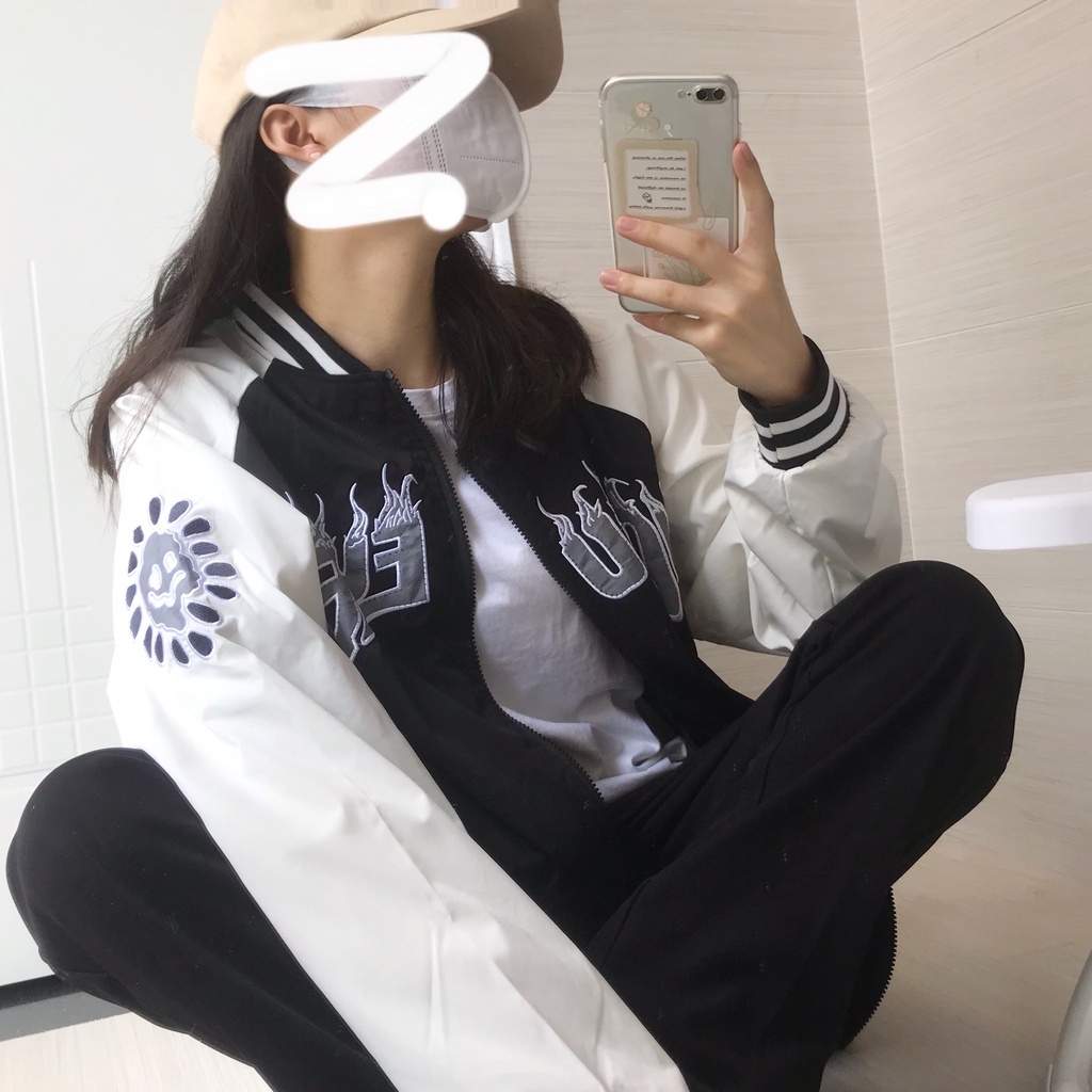 Áo khoác bóng chày dáng rộng phối khóa kéo thêu họa tiết kiểu Hàn Quốc cá tính cho học sinh