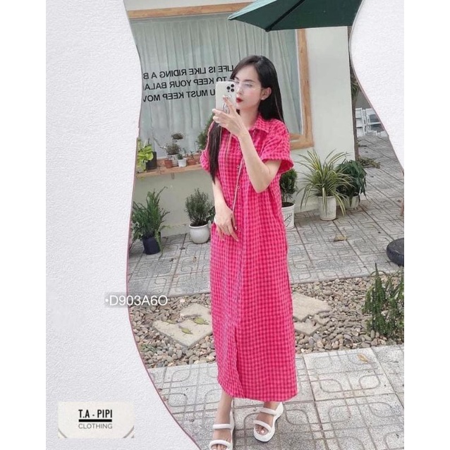 Đầm Dài Maxi Dáng Suông Váy Sơ Mi Caro Hồng Sen Form Rộng Thời Trang BEBEDOLL
