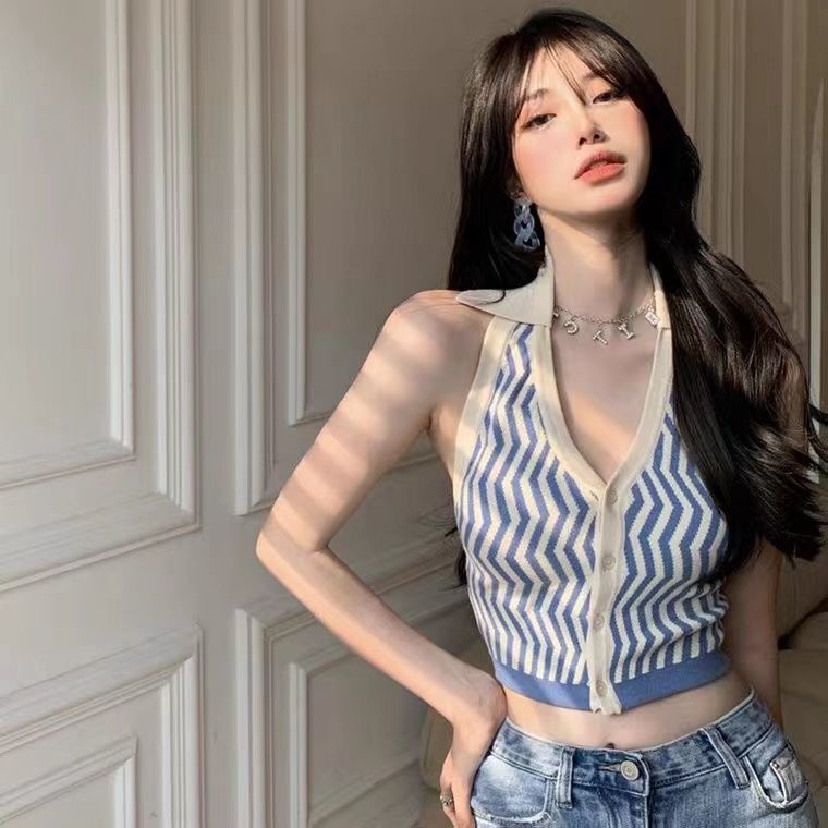 Áo Hai Dây Dệt Kim Họa Tiết Kẻ Sọc Thời Trang Mùa Hè Cho Nữ