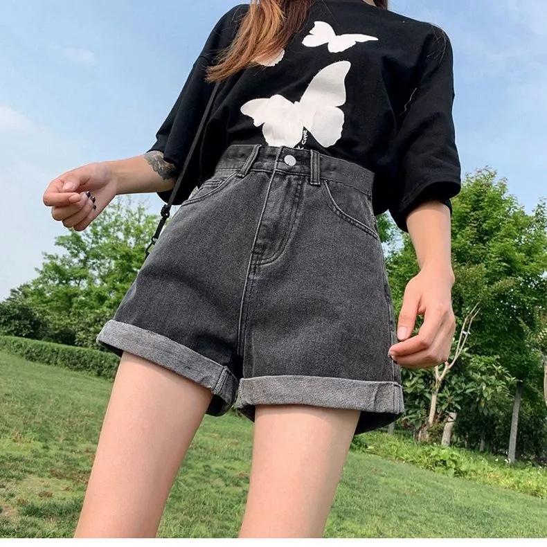 Quần short denim ống rộng lưng cao màu trơn thời trang mùa hè Hàn Quốc cho nữ