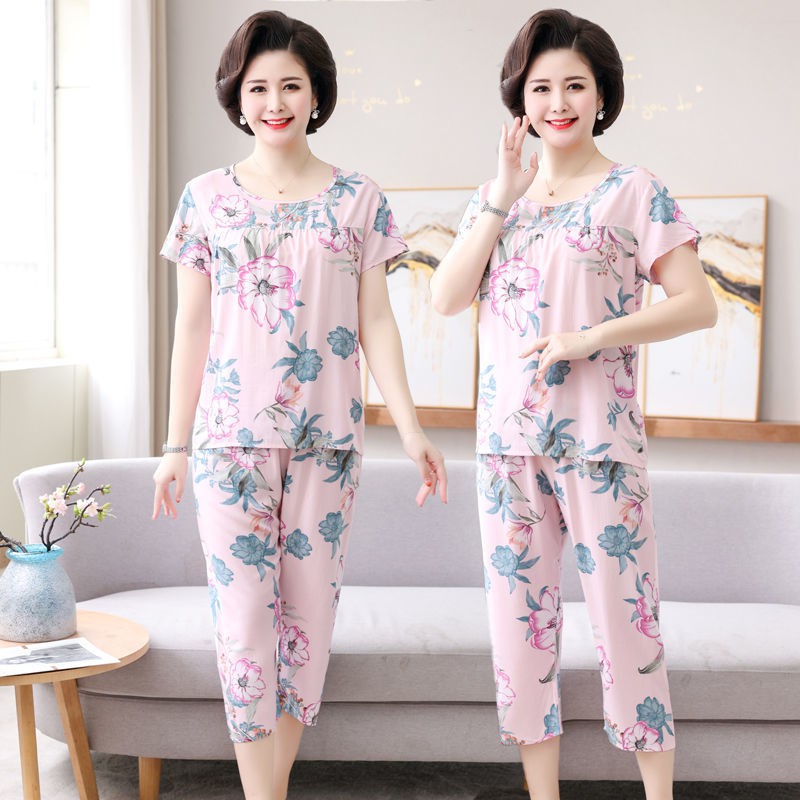 giá rẻ đẹpBộ đồ ngủ dành cho mẹ, loại mỏng mùa hè, quần áo lụa cotton thông thường người trung niên và già, rộ