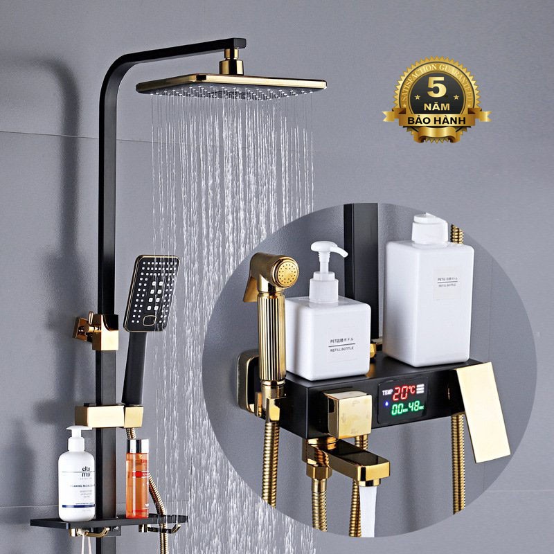 Bộ Sen cây nóng lạnh Đồng mạ tĩnh điện Kèm xịt vệ sinh + Khay để đồ + CÓ MÀN HÌNH LED Hiển thị nhiệt độ