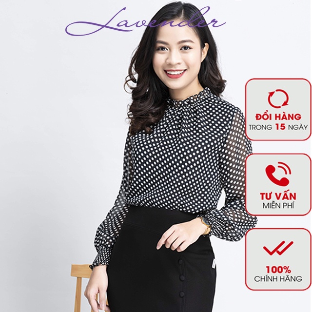 Áo sơ mi dài tay chấm bi LAVENDER thời trang công sở thiết kế chất liệu chifon mềm mại 2 lớp xịn đẹp